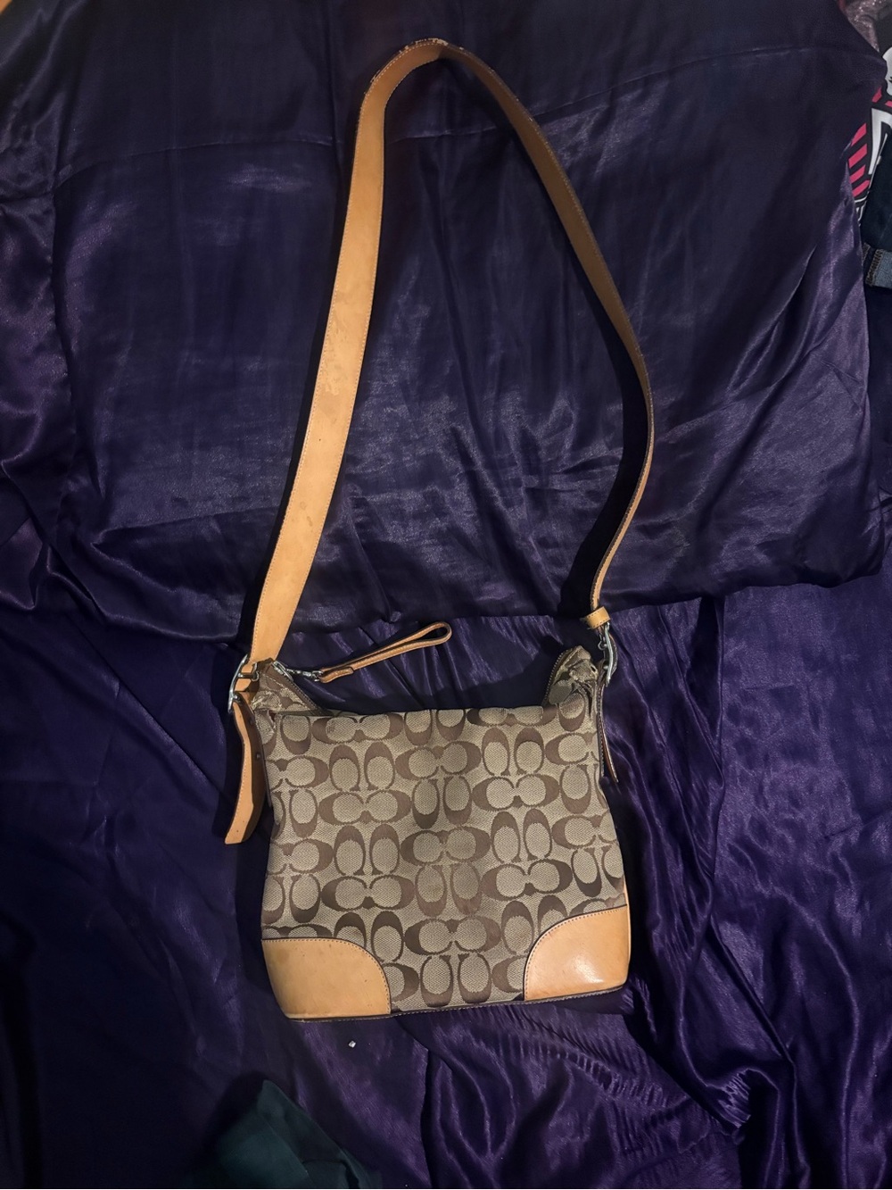 Vintage Coach Brown Jacquard Shoulder Bag with Leather Trim and Zip Closure